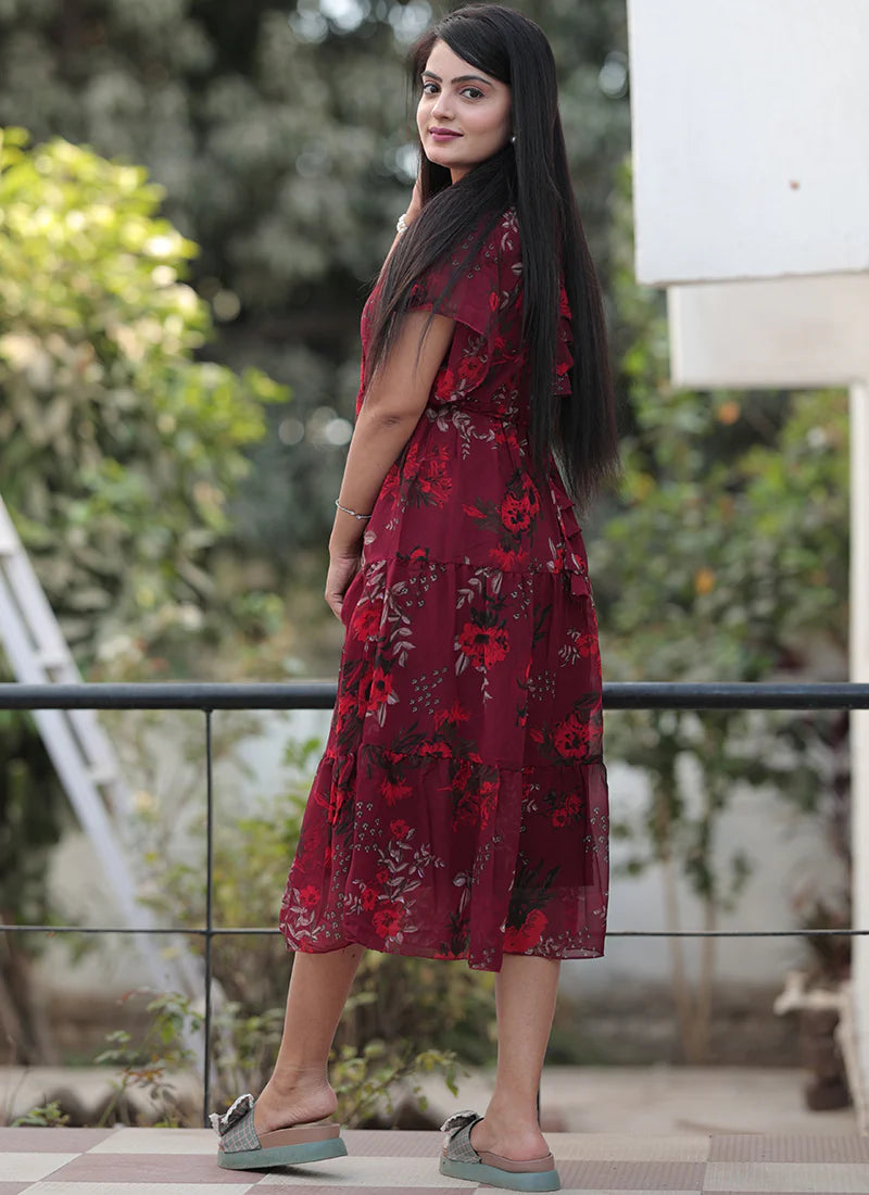 Georgette Flower Printed Western Midi Dress