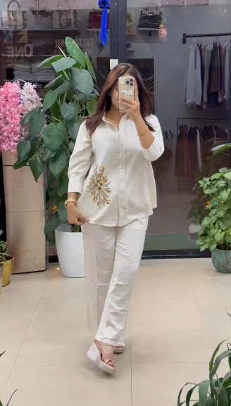 Shirt Pent Embroidered White Co-ord Set (Set of 2)