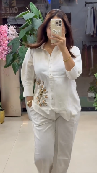 Shirt Pent Embroidered White Co-ord Set (Set of 2)