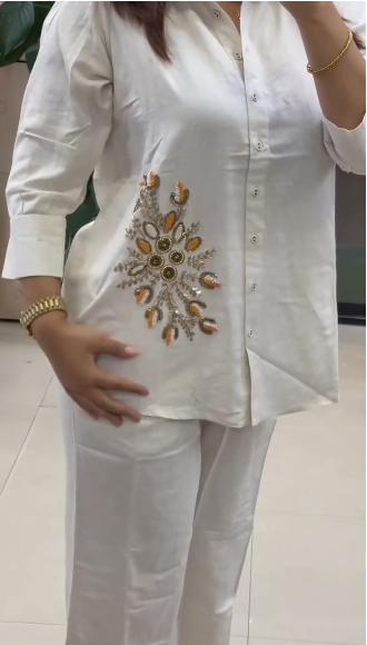 Shirt Pent Embroidered White Co-ord Set (Set of 2)