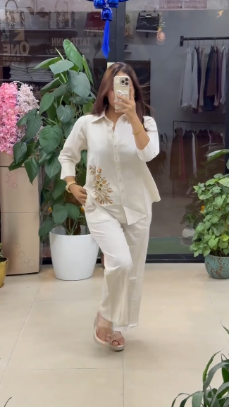 Shirt Pent Embroidered White Co-ord Set (Set of 2)
