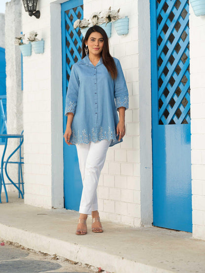 Shirt collar denim top with cutwork embroidery
