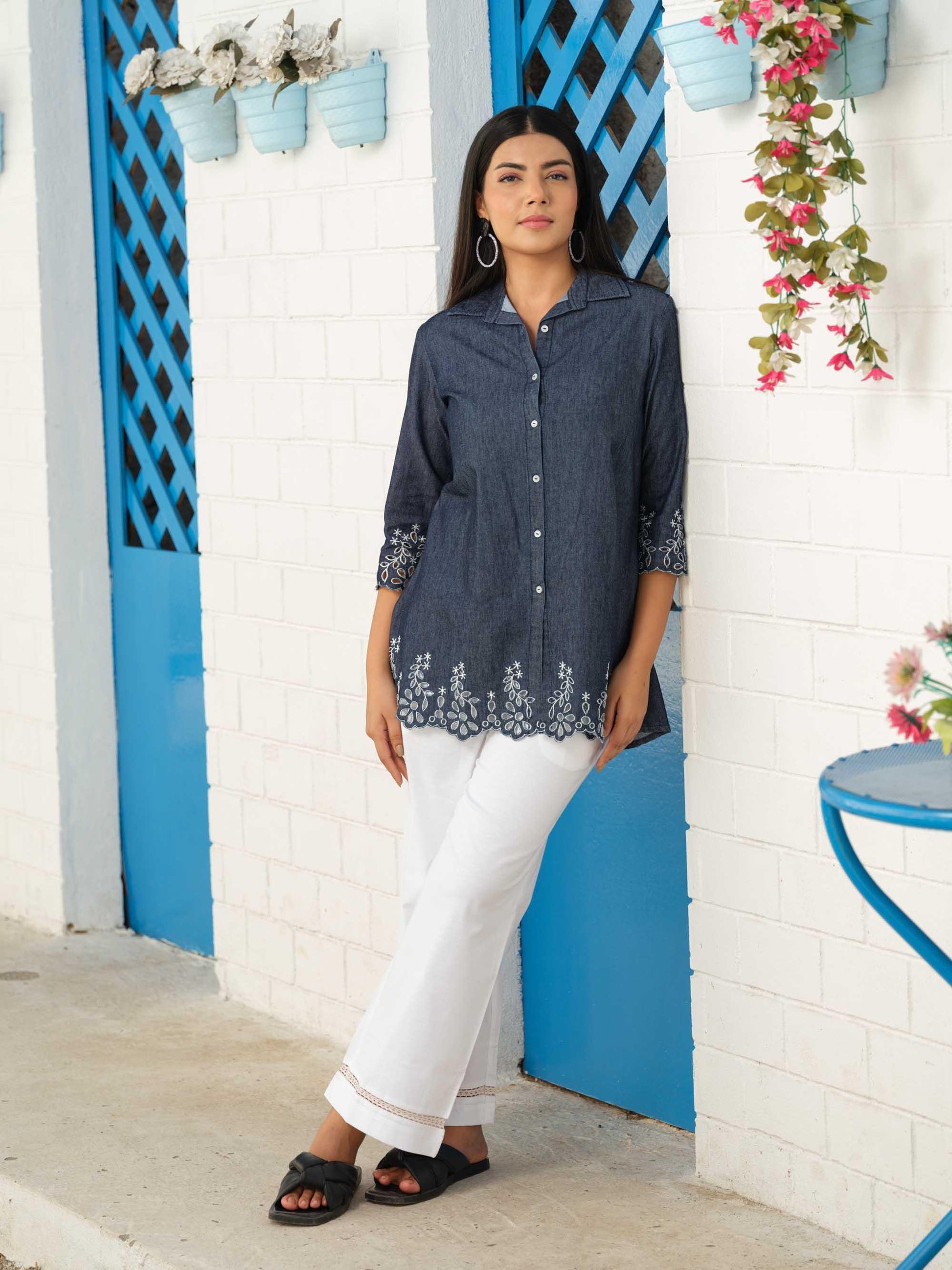 Shirt collar denim top with cutwork embroidery