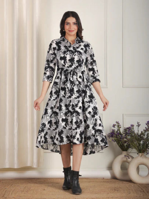 Soft Cotton Abstract Flared Black Dress