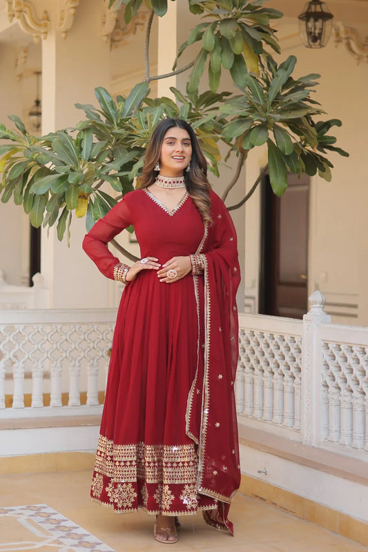 Fantastic Embroidery Sequence Maroon Color Gown
