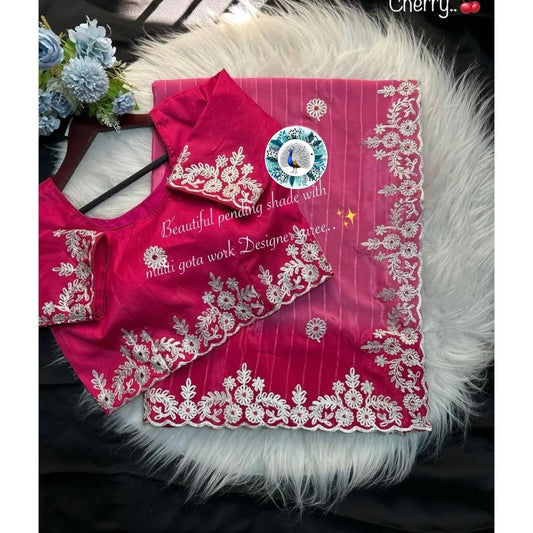 PINK Beautiful multi coding dhaga & gota embroidery work border designer saree