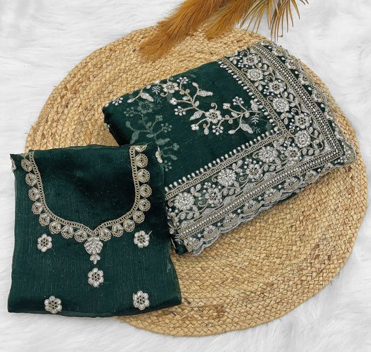 Green Diamond Hand Work New Party Wear Launching Designer saree