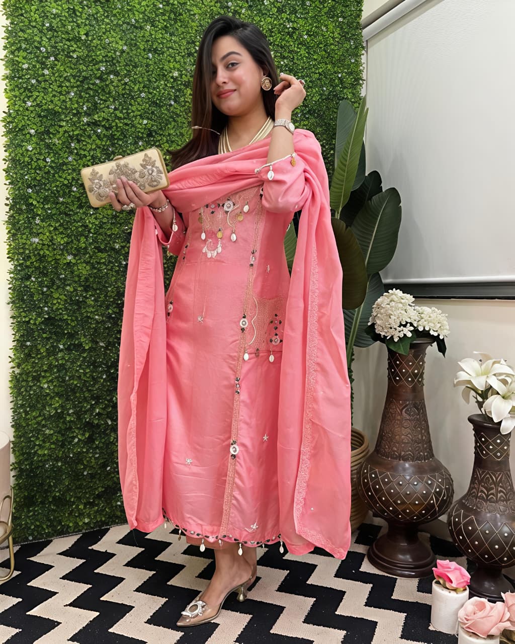 Featuring beautifully Crafted Pure Roman Silk Suits in beautiful Colours, which are decorated with finest sequence & Cowry Embroidery Work (RRRD02)