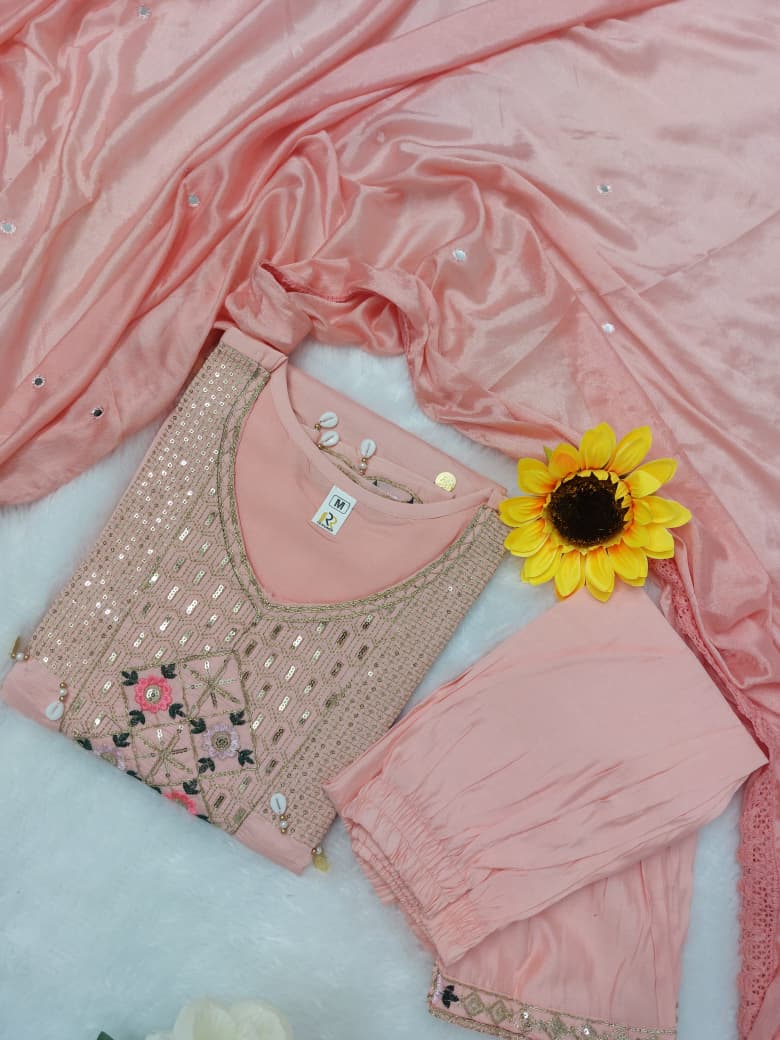 Featuring beautifully Crafted Pure Roman Silk Suits in beautiful Colours, which are decorated with finest sequence & Cowry Embroidery Work (RRRD02)