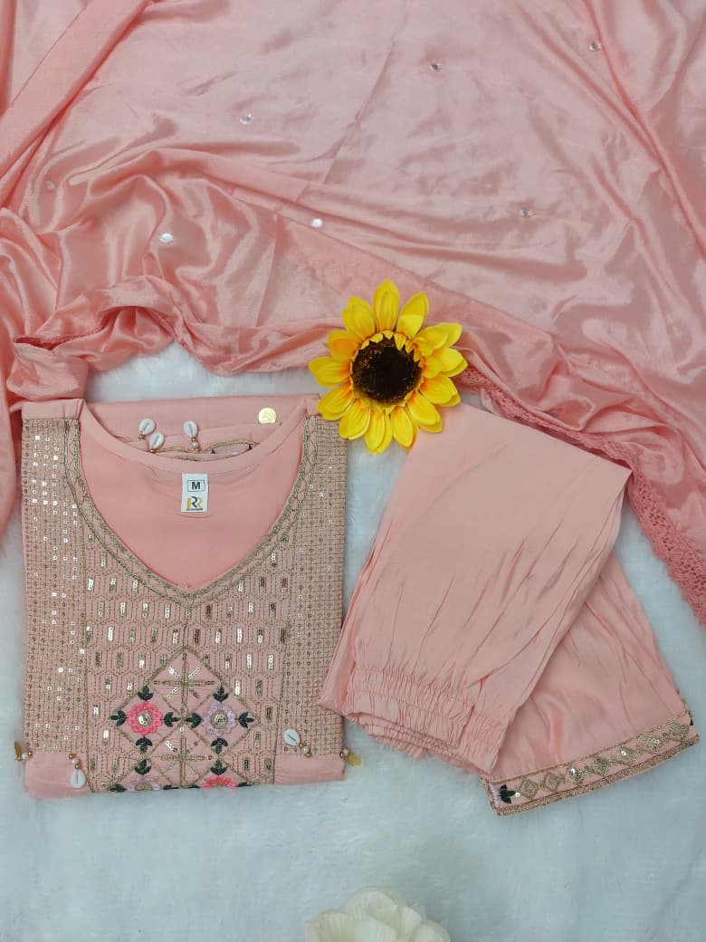 Featuring beautifully Crafted Pure Roman Silk Suits in beautiful Colours, which are decorated with finest sequence & Cowry Embroidery Work (RRRD02)