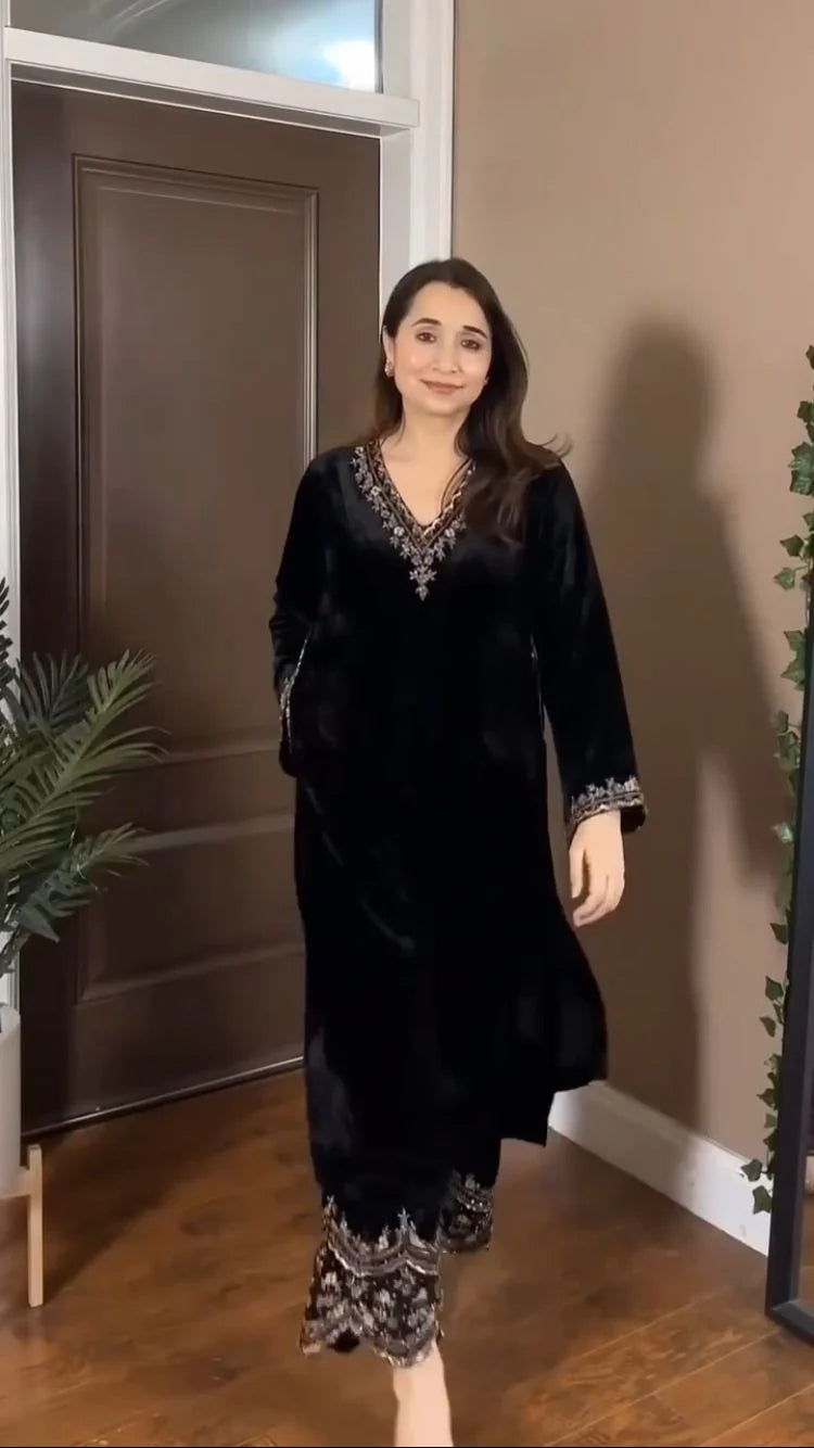 Premium Viscose Velvet Fancy Suit Set for Women – Designer Embroidered Kurta & Velvet Pants | Festive & Party Wear
