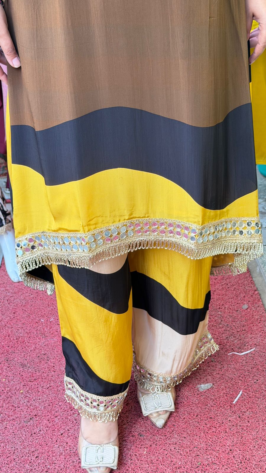 Mustard Multi Stripe Designer Kurta Palazzo Coord Set with Lace Border