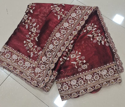 Maroon Diamond Hand Work Party Wear Launching Designer saree jimmy Choo Fabric With Glitter Dori Embroidery work