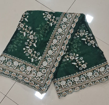 Green Diamond Hand Work New Party Wear Launching Designer saree
