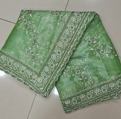 Pista Diamond Hand Work New Party Wear Launching Designer saree