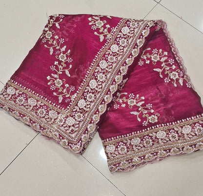Red Diamond Hand Work New Party Wear Launching Designer saree