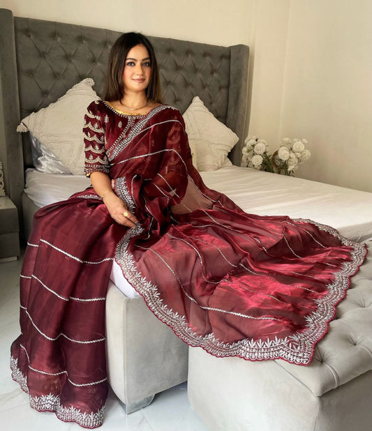 Red Party Wear Launching Designer Dana Handwork work