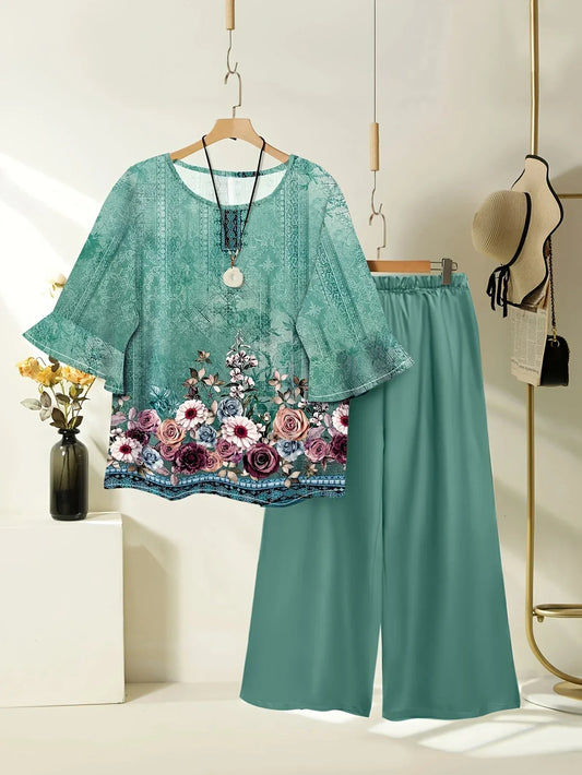 VerdaFlora 2-Piece – Elastic Waist Pants & Floral Tee