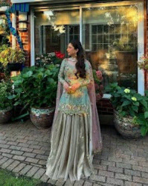 Bridal Gharara with Short Shirt : Mint Green & Gold Designer Dress