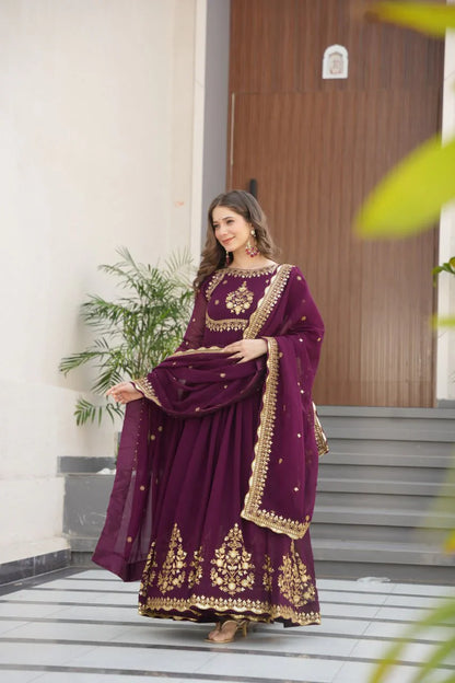 Designer Heavy Work Wine Color Gown