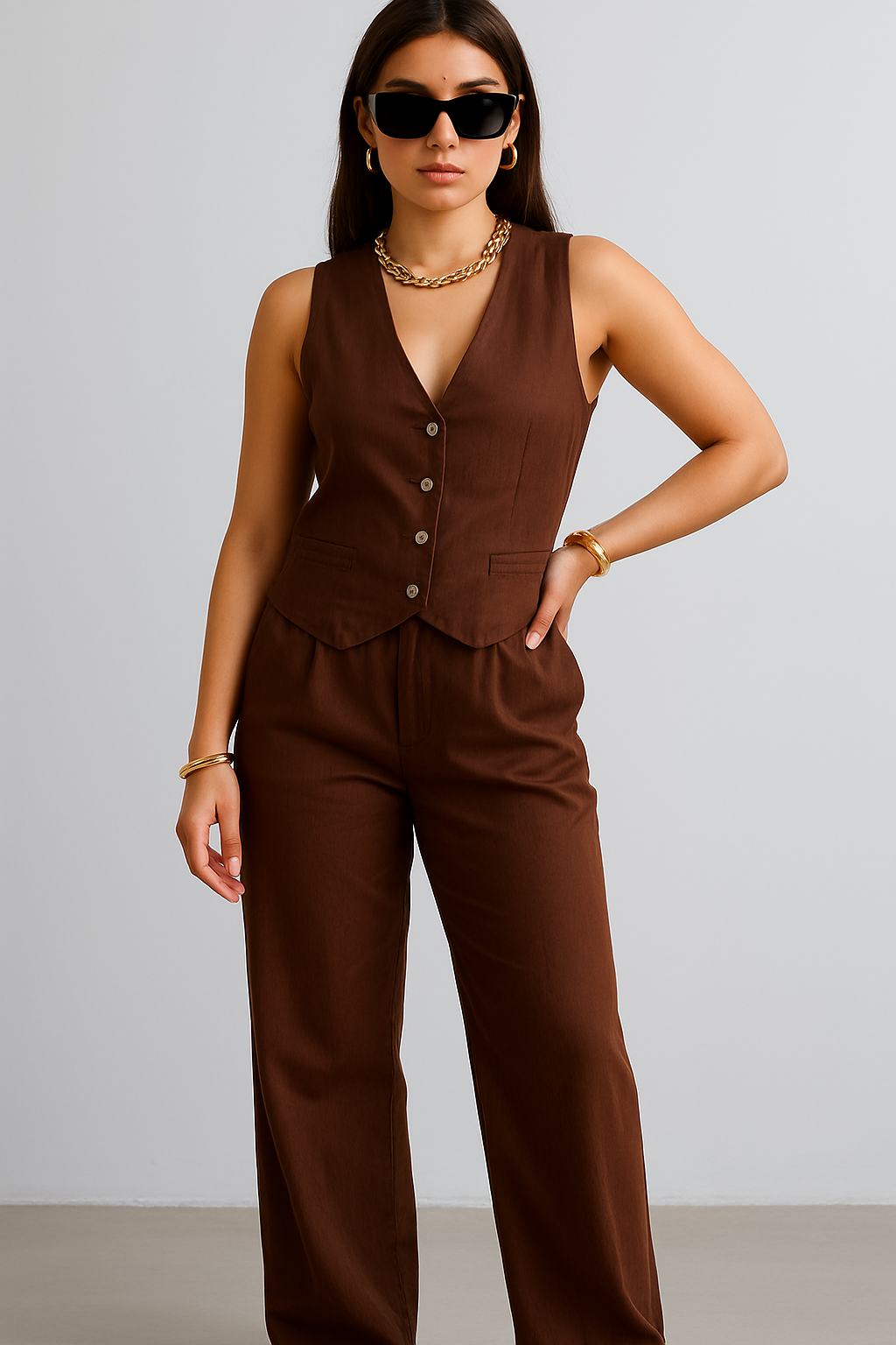 Chocolate Co-Linen Vest Coat & Trousers