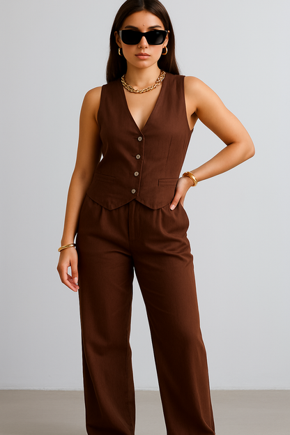 Chocolate Co-Linen Vest Coat & Trousers