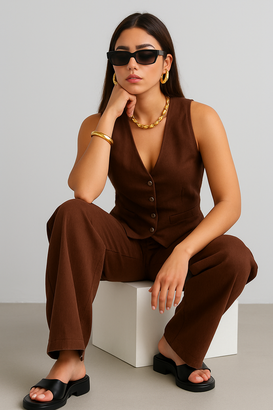 Chocolate Co-Linen Vest Coat & Trousers