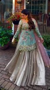 Bridal Gharara with Short Shirt : Mint Green & Gold Designer Dress