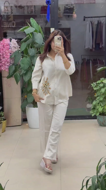 Shirt Pent Embroidered White Co-ord Set (Set of 2)