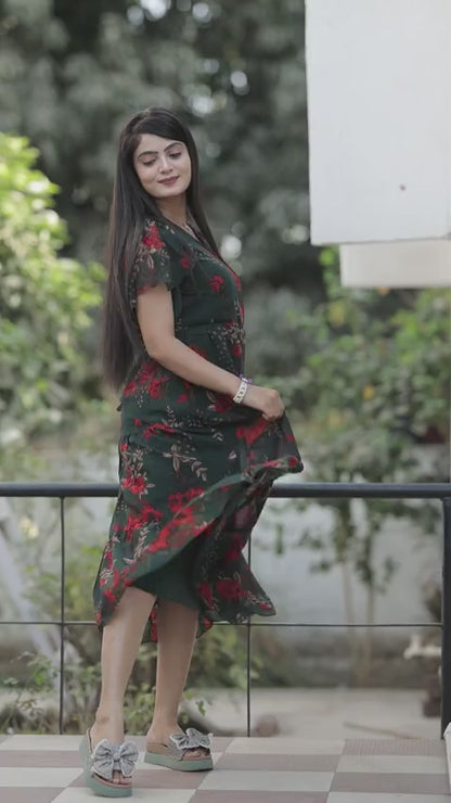 Georgette Flower Printed Western Midi Dress