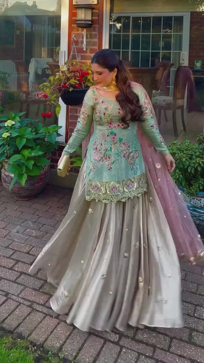 Bridal Gharara with Short Shirt : Mint Green & Gold Designer Dress