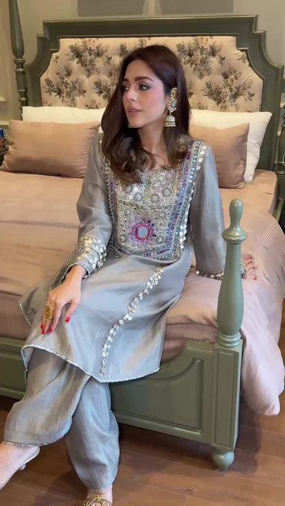 Silver Mirrorwork Kurta Set with Embellished Cuffs